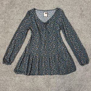 SO Dress Womens XS Blue Floral Long Sleeve Fit & Flare Mini Jersey Casual Tiered
